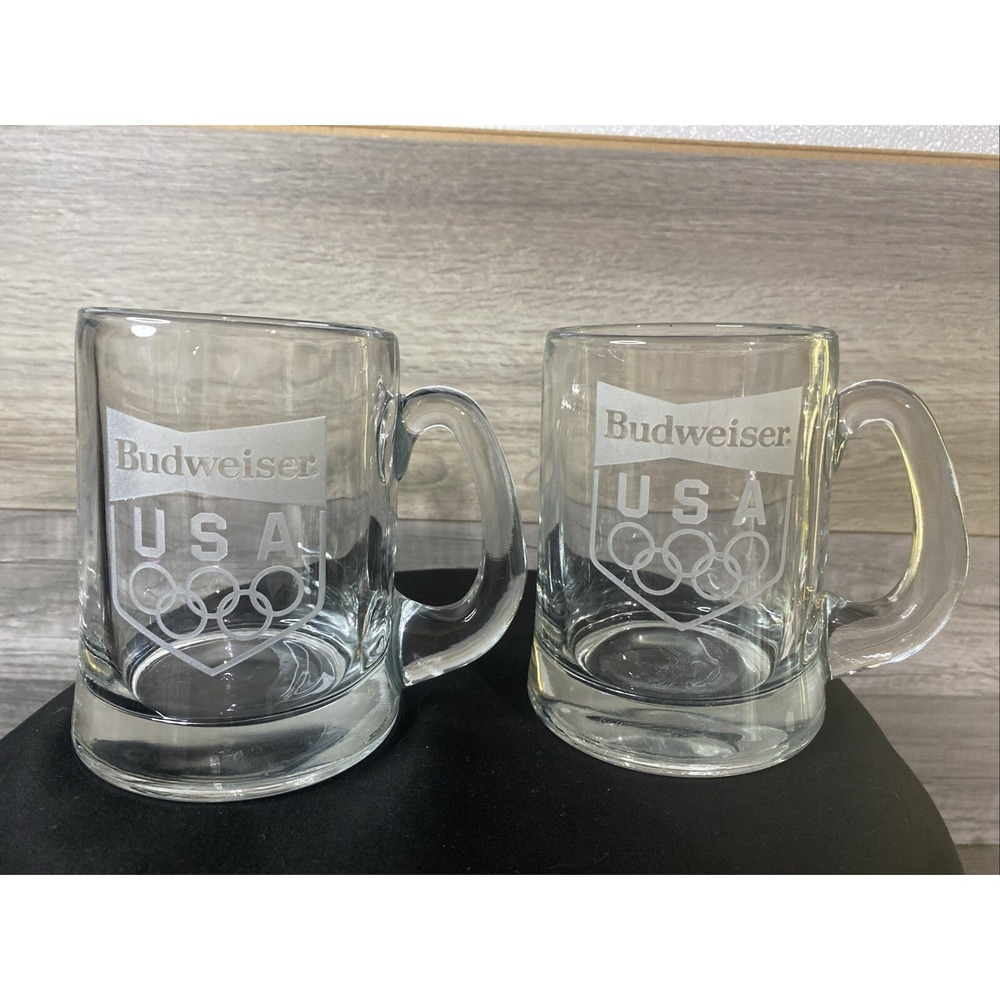 Budweiser Beer Mug USA Olympics Set of 2 Clear 5in Excellent Etched Glass Stein